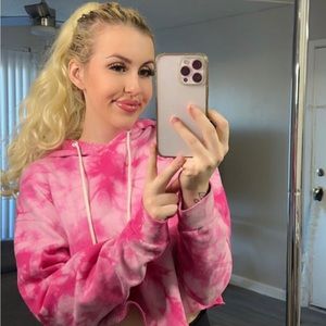 Bright, Cute Pink and White Tie Dye Cropped Drawstring Hoodie